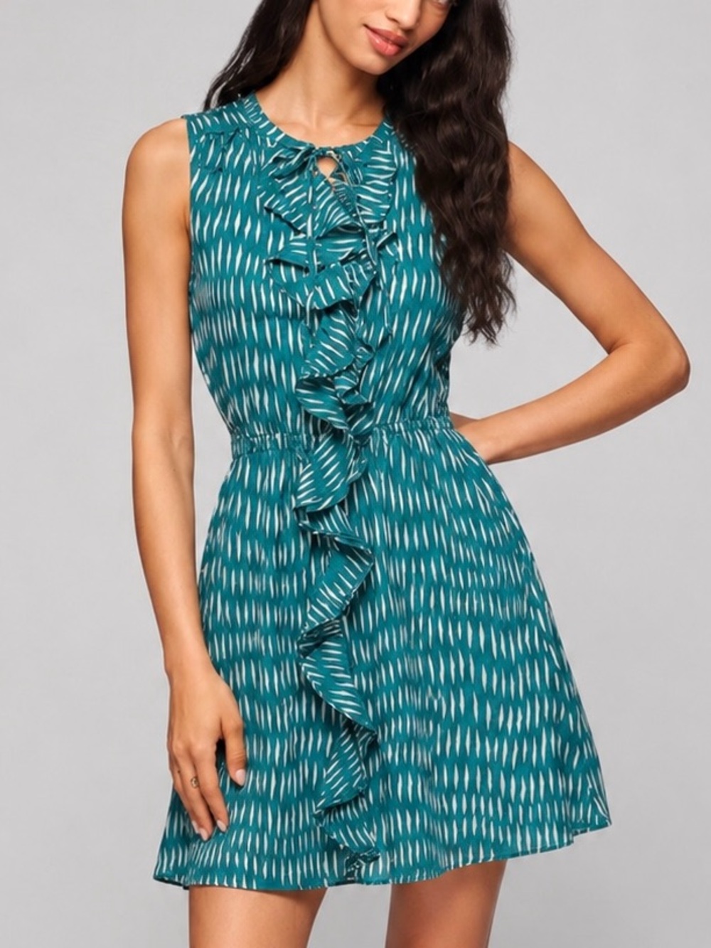 Anthropologie LIL 100% Silk Ruffle Front Sleeveless Dress Size 0 Geometric Print
